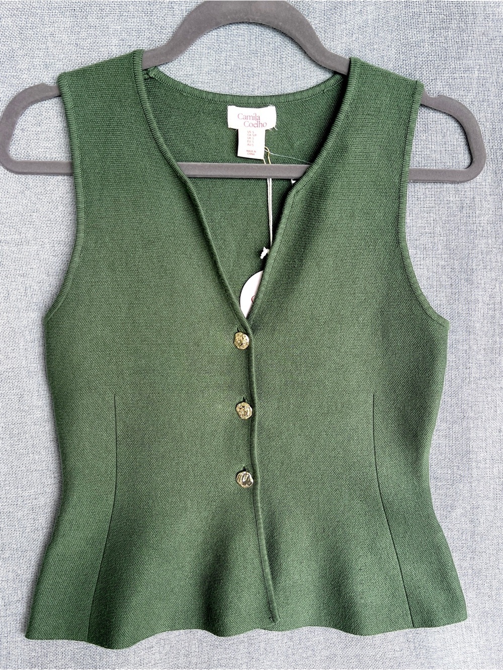 Camila Coelho Knit Viscose button down FITTED vest green gold buttons size S